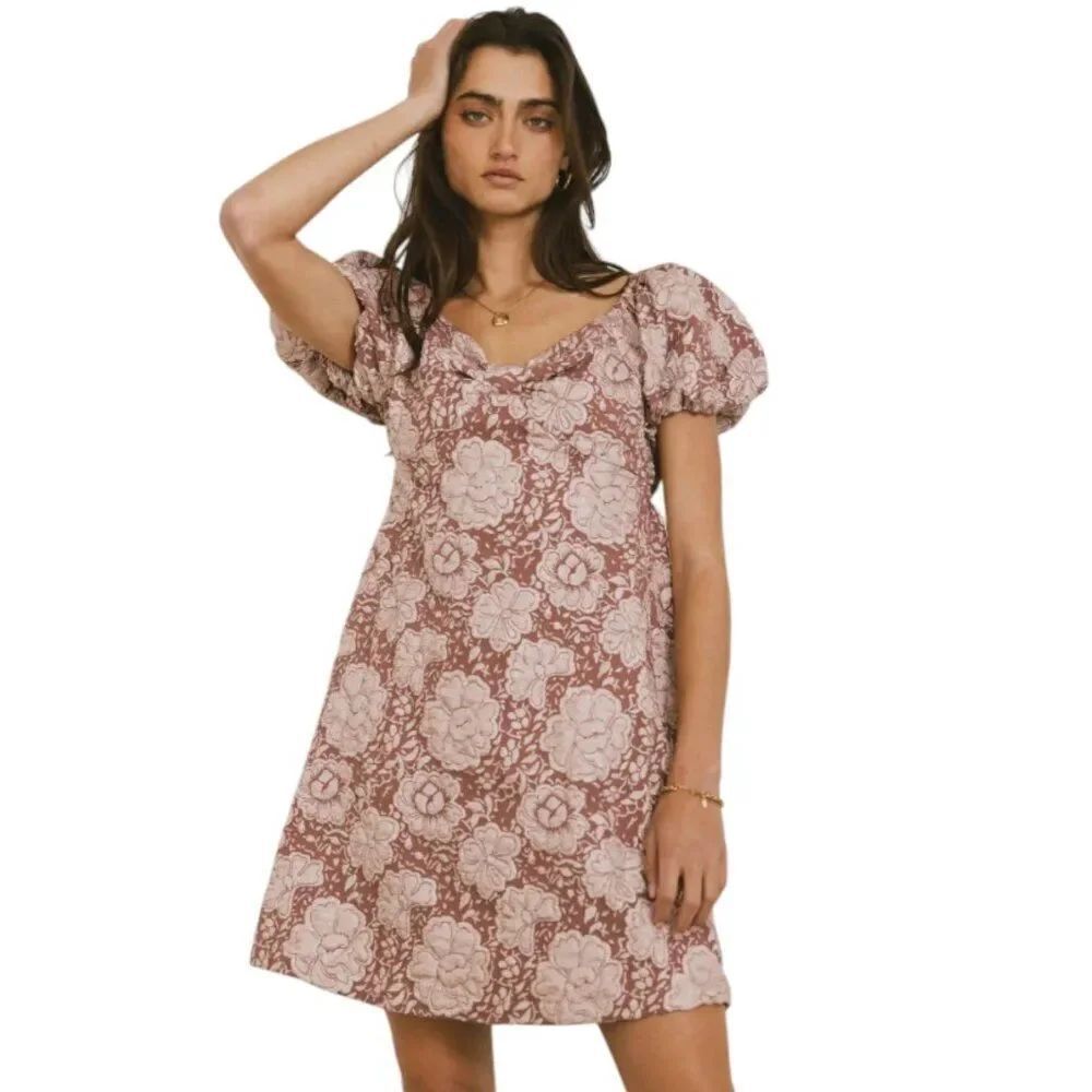 NWT! bohme Puff Short Sleeve Darcella Floral Mini Dress in Mauve Size XL